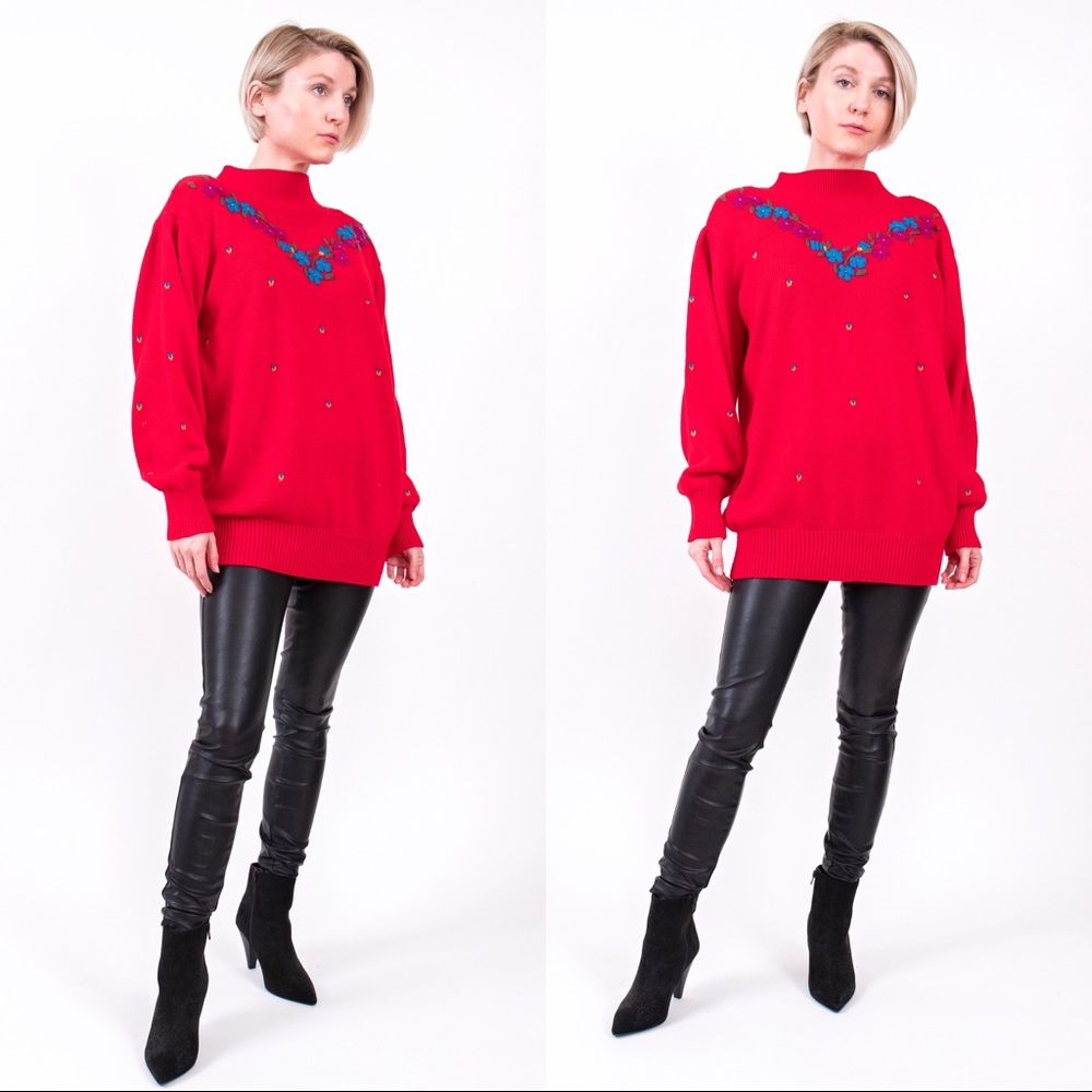 Vintage 80s red floral knit mock neck sweater - Picture 2 of 5